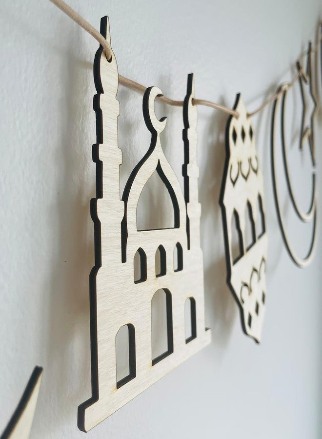 Cliths Wooden Festive Ramadan and Eid Garland Islamic Holiday Banner Wooden Eid Decoration for Home & Party Ramadan Mubarak Garland - Image 2